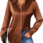 Nadorine Women's Satin Blouse Elegant V-Neck Silk Blouse (DE Only)