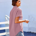 Nadorine Linen Shirts Cotton Short Sleeve V Neck Collared Blouses