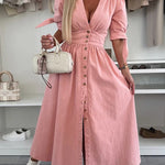 Solid Color V-neck Button-down Denim Midi Dress