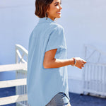 Nadorine Linen Shirts Cotton Short Sleeve V Neck Collared Blouses