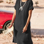 Short Sleeve Pure Color Split Crew Neck Basic Loose Fit Midi Dress