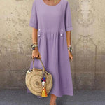 Nadorine Women's Casual Loose Round Neck Cotton Linen Long Dresses with Pockets