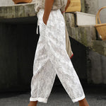 Nadorine Casual Loose Lace Pants Embroidered Cropped Elastic Waist Trousers