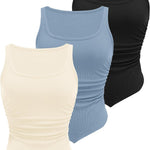 Nadorine Ribbed Tank Tops 3 Pack Scoop Neck Ruched Shirts