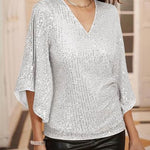 Solid Color Sequined V-neck Hollow Sleeve Slim Fit Top