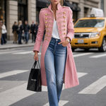 Vintage Washed Denim Military Officer Longline Gold-Button Fitted Statement Coat Women