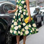 A-Line High Waisted Flower Print Pleated Round-Neck Midi Dresses