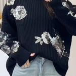 Turtleneck Loose-fitting Sequined Floral Pattern Long Sleeve Knitted Sweater