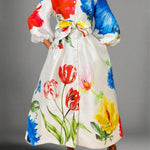 A-Line Long Sleeves Buttoned Elasticity Pockets Tied Waist Mock Neck Maxi Dresses