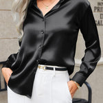 Nadorine Women Satin Button Down Shirt Long Sleeve Tops