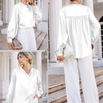 Women's Silk Button Down Shirts V Neck Long Sleeve Casual Work Office Blouse Top - Nadorine (Us Only)