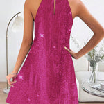 A-Line Loose Hollow Sequined Solid Color Halter-Neck Mini Dresses