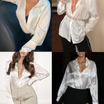 Nadorine Women Satin Button Down Shirt Long Sleeve Tops