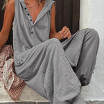 Hooded Loose Buttoned Solid Color V-neck Jumpsuits