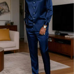 KZZ Men's Milk Silk Stand Collar Long Sleeve Button-Up Shirt Set