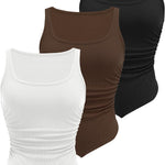 Nadorine Ribbed Tank Tops 3 Pack Scoop Neck Ruched Shirts