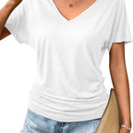 Nadorine Women's Short Sleeve V Neck Blouse Ruched Casual Tunic Tops