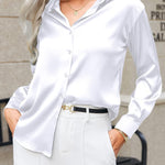 Nadorine Women Satin Button Down Shirt Long Sleeve Tops