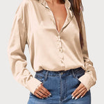 Nadorine Women Satin Button Down Shirt Long Sleeve Tops