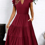 Nadorine Casual Ruffle Sleeve V Neck Midi Dress