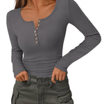 Slim Button Ribbed Knit Basic Tee Henley T Shirt (US Only)