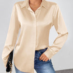 Nadorine Satin Blouses Casual Long Sleeve Button Down Silk Shirts