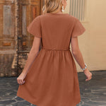 Nadorine Button Down Flutter Sleeve Cotton Linen Dress with Pockets