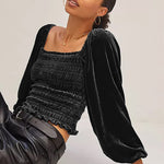Womens Blouses Long Sleeve Crop Tops Square Neck Sexy Casual Slim Fitted Velvet Tops S-3XL - Nadorine (Us Only)