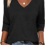 Nadorine 3/4 Length Sleeve Womens Tops Casual V Neck Shirts Soft Basic Tees Business Work Blouses