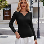 Nadorine Long Sleeve T Shirts Casual V Neck Ribbed Tunic Tops