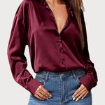 Nadorine Women Satin Button Down Shirt Long Sleeve Tops