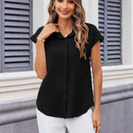 Nadorine Button Down Shirts Cap Sleeve V Neck Casual Blouses Tops