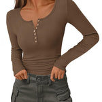 Slim Button Ribbed Knit Basic Tee Henley T Shirt (US Only)
