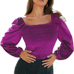 Womens Blouses Long Sleeve Crop Tops Square Neck Sexy Casual Slim Fitted Velvet Tops S-3XL - Nadorine (Us Only)