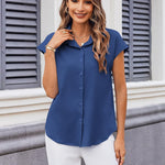 Nadorine Button Down Shirts Cap Sleeve V Neck Casual Blouses Tops