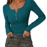 Slim Button Ribbed Knit Basic Tee Henley T Shirt (US Only)