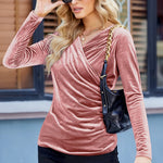 Nadorine Velvet Tops for Women Long Sleeve Sexy Casual V-Neck Cross Wrap Shirts Ruched Fitted Blouse Party Club Night (Us Only)