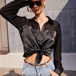 Womens V Neck Button Down Shirts Satin Silk Blouse Mesh Long Sleeve Casual Work Tops - Nadorine (Us Only)