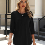 Nadorine 3/4 Length Sleeve Tops Loose Fit Shirts Pleated Tunics