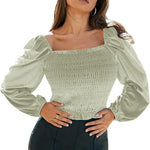 Womens Blouses Long Sleeve Crop Tops Square Neck Sexy Casual Slim Fitted Velvet Tops S-3XL - Nadorine (Us Only)