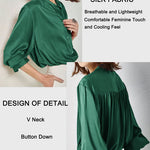 Women's Silk Button Down Shirts V Neck Long Sleeve Casual Work Office Blouse Top - Nadorine (Us Only)