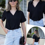 Nadorine Short Sleeve Polo T Shirts Pleated V Neck Tee