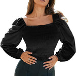Womens Blouses Long Sleeve Crop Tops Square Neck Sexy Casual Slim Fitted Velvet Tops S-3XL - Nadorine (Us Only)
