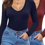 Nadorine 2 Pack Women's Long Sleeve V Neck Slim Fit T Shirts