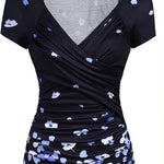 Nadorine Cross-Front V Neck Ruched Short Sleeve Blouses
