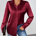 Nadorine Satin Blouses Casual Long Sleeve Button Down Silk Shirts