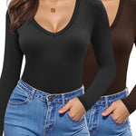 Nadorine 2 Pack Women's Long Sleeve V Neck Slim Fit T Shirts