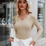 Nadorine Long Sleeve T Shirts Casual V Neck Ribbed Tunic Tops