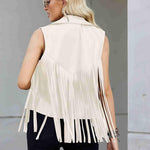 Women Faux Leather Vest Lapel Sleeveless Drape Tassel Open Front PU Fringe Jacket S-XXL - Nadorine (Us Only)