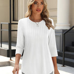 Nadorine 3/4 Length Sleeve Tops Loose Fit Shirts Pleated Tunics